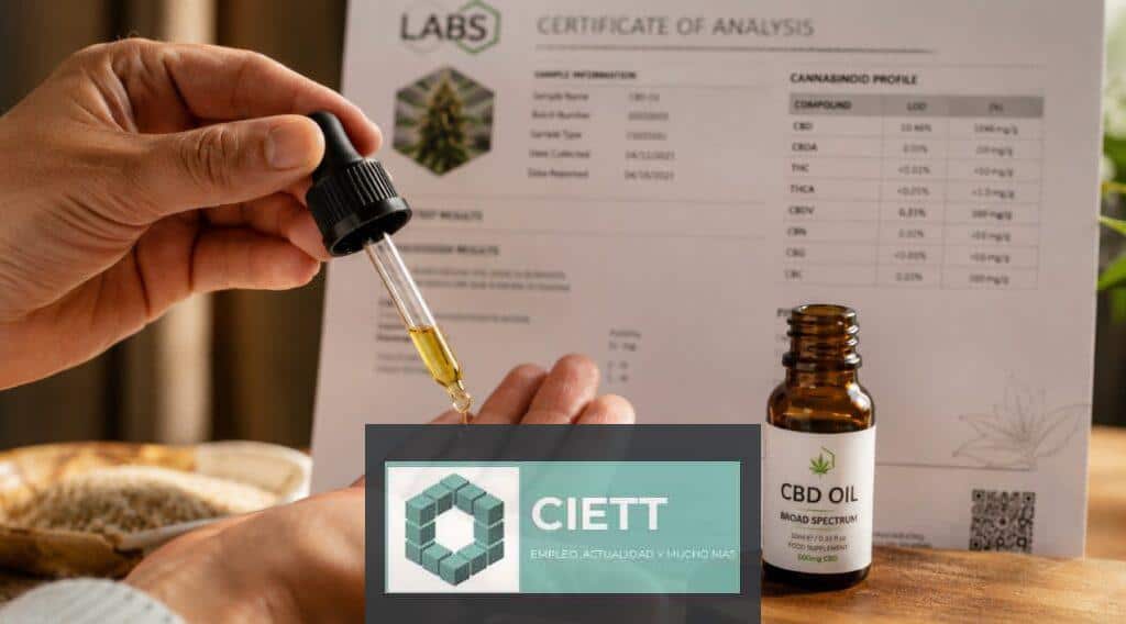 Dosificación de aceite de CBD junto a un certificado de análisis de laboratorio