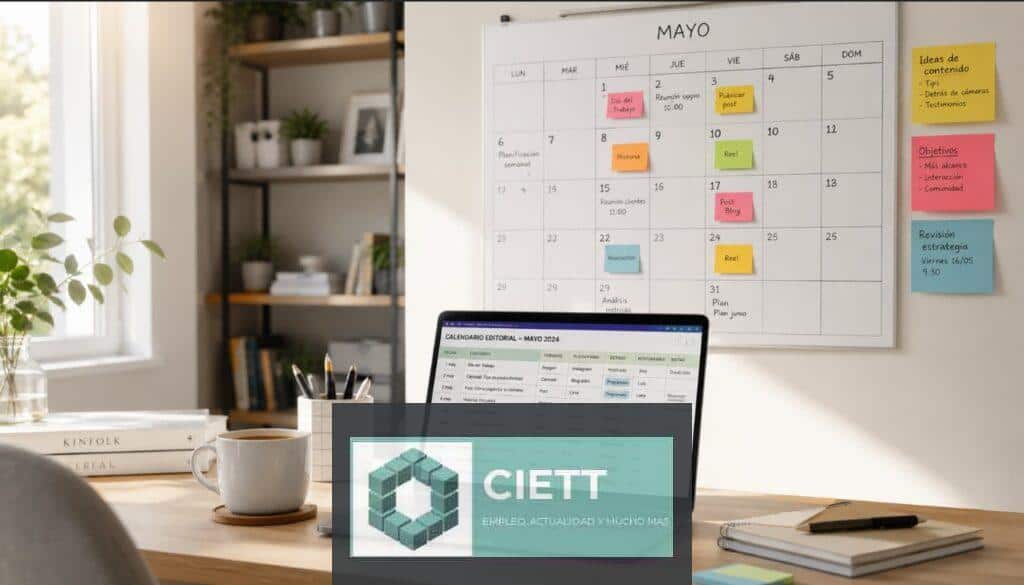 Escritorio con un calendario de contenidos y un portátil para planificar redes sociales