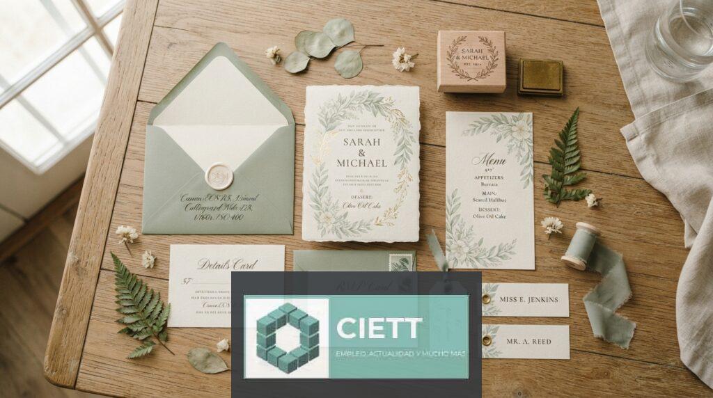 Papelería de boda personalizada con invitaciones, sobres y etiquetas