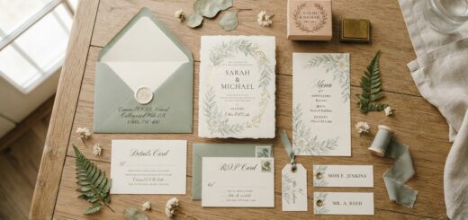 Papelería de boda personalizada con invitaciones, sobres y etiquetas