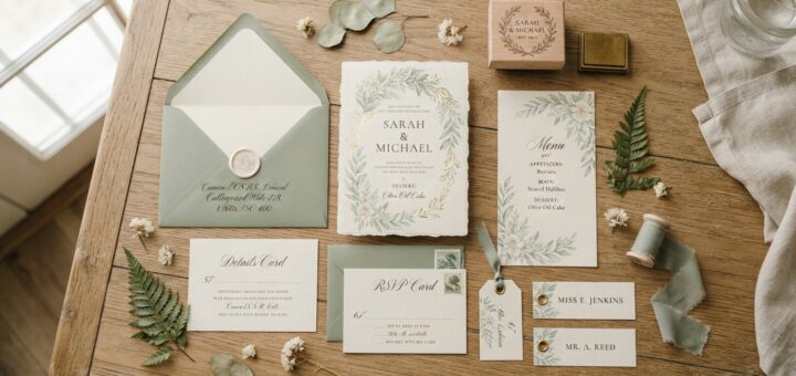 Papelería de boda personalizada con invitaciones, sobres y etiquetas