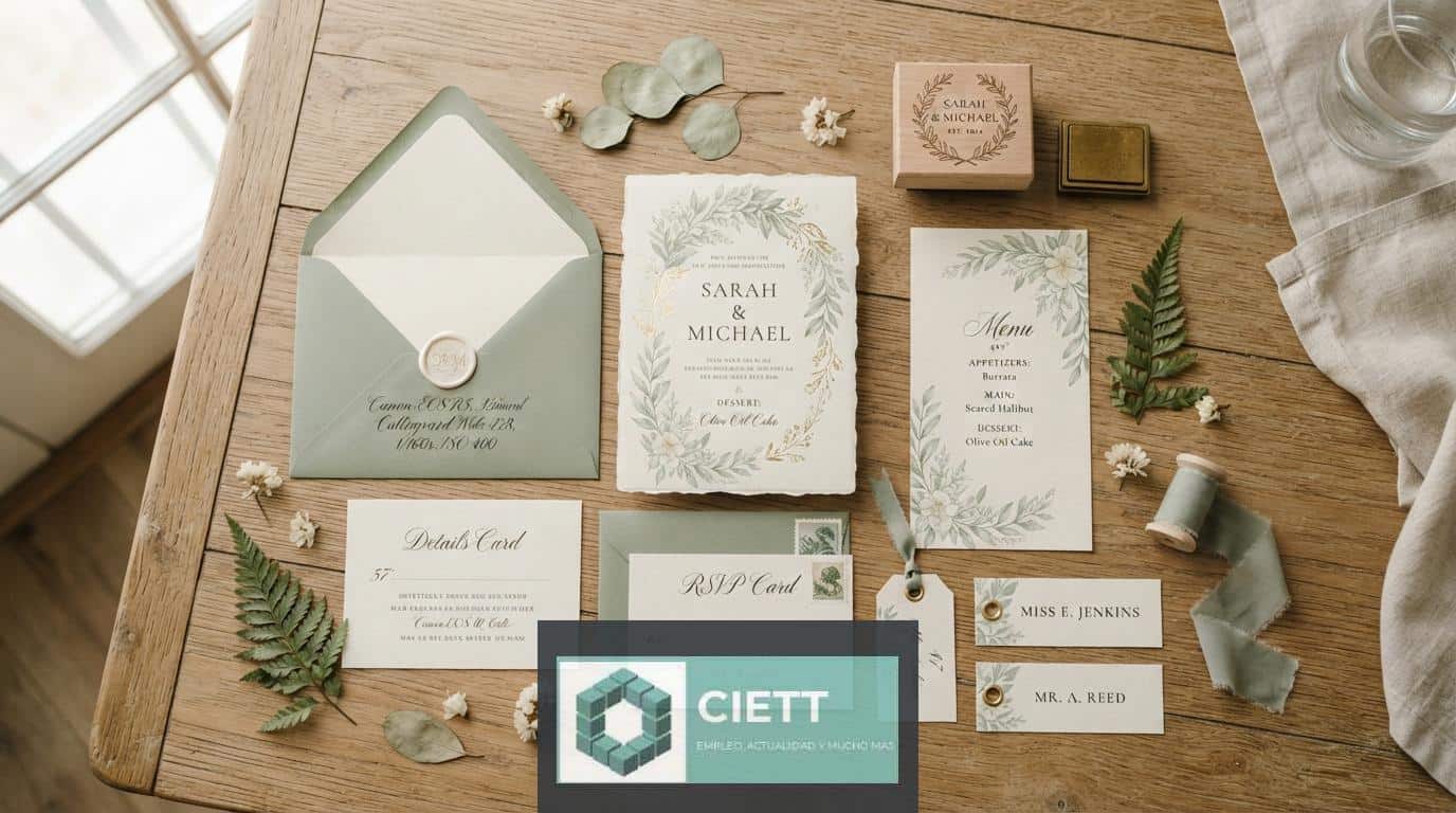 Papelería de boda personalizada con invitaciones, sobres y etiquetas