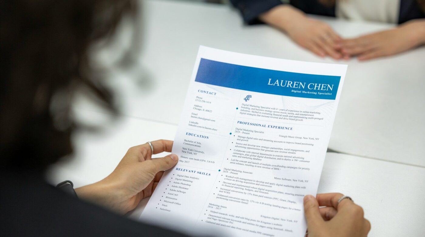 Persona revisando un currículum en una agencia de colocación